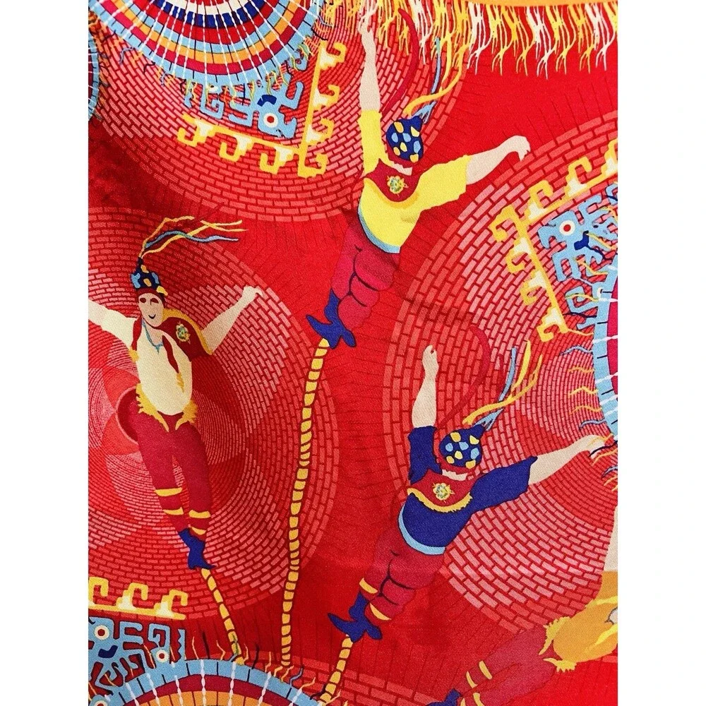 Pineda Covalin Silk Satin Square Scarf Red Multicolor Floral Fringe Dry Clean